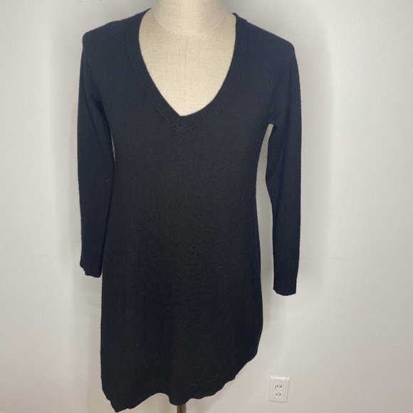 VKoo Cashmere Sweater Dress Size M Black V Neck Long Sleeve Wiggle Knee Length - Picture 2 of 8
